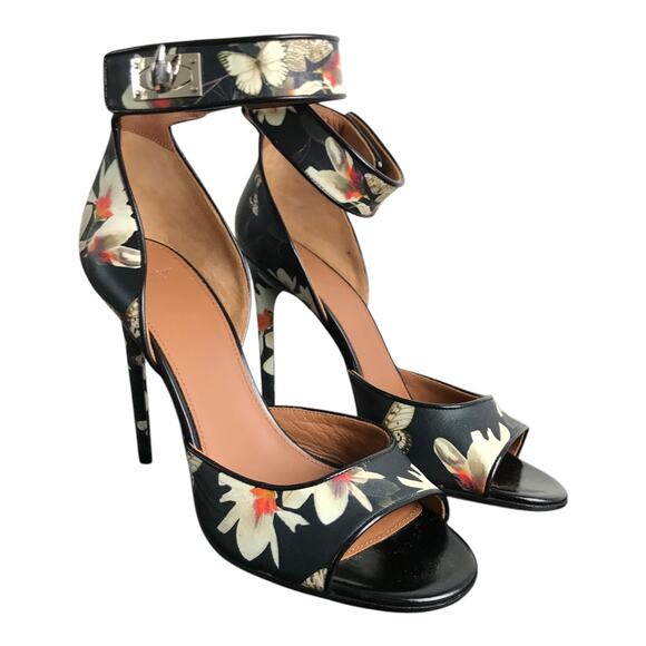 Givenchy‎ Magnolia Moth Black Floral Print Ankle Strap Sandals Women US10 40 NEW - Picture 3 of 10